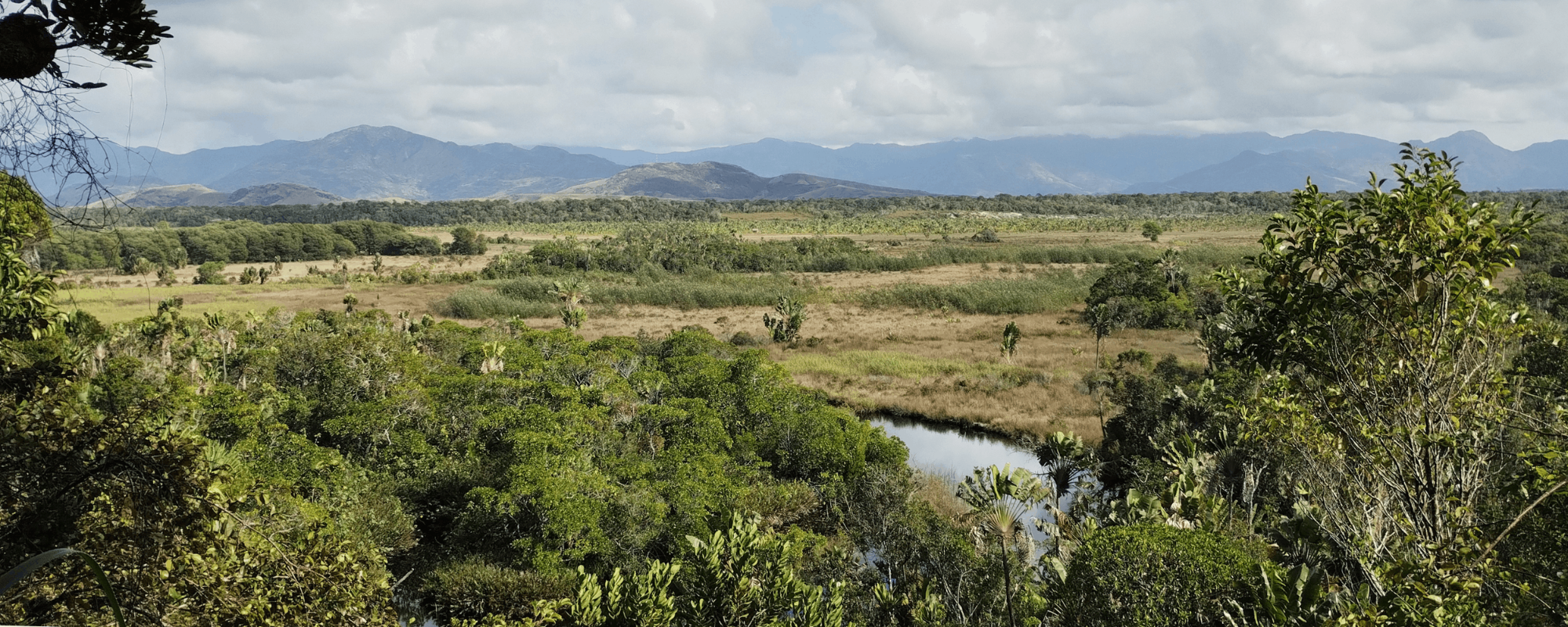 Panoramic view of fields with mountains in the distance