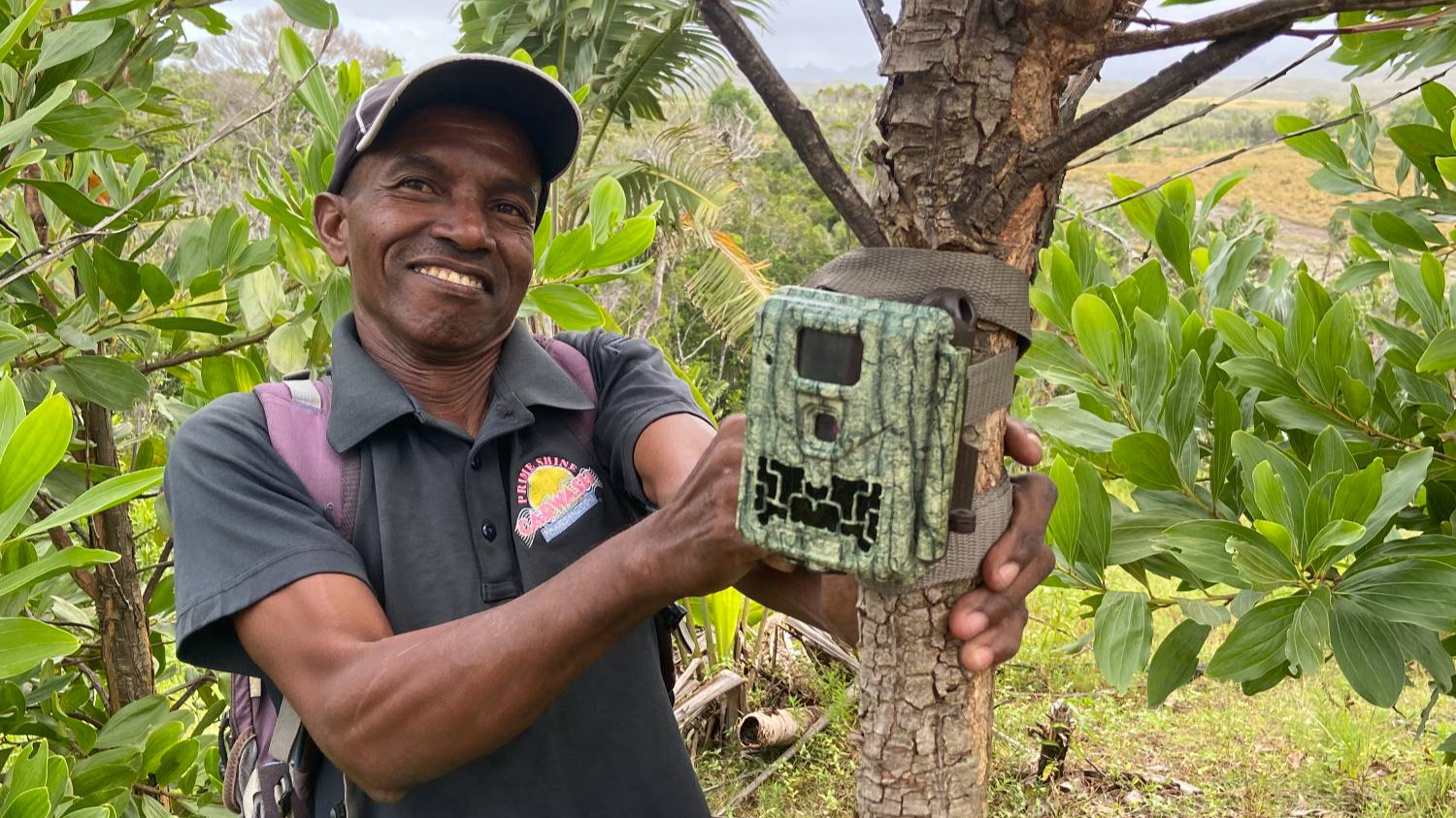 Solo, SCRP Research Assistant, setting up a NatureSpy camera trap in Sainte Luce.
